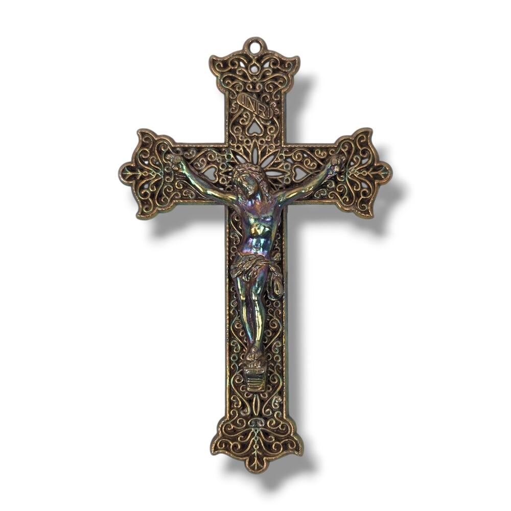 Vintage Crucifix Cross INRI Ornate Filigree Metal Hanging Mid Century Iridescent